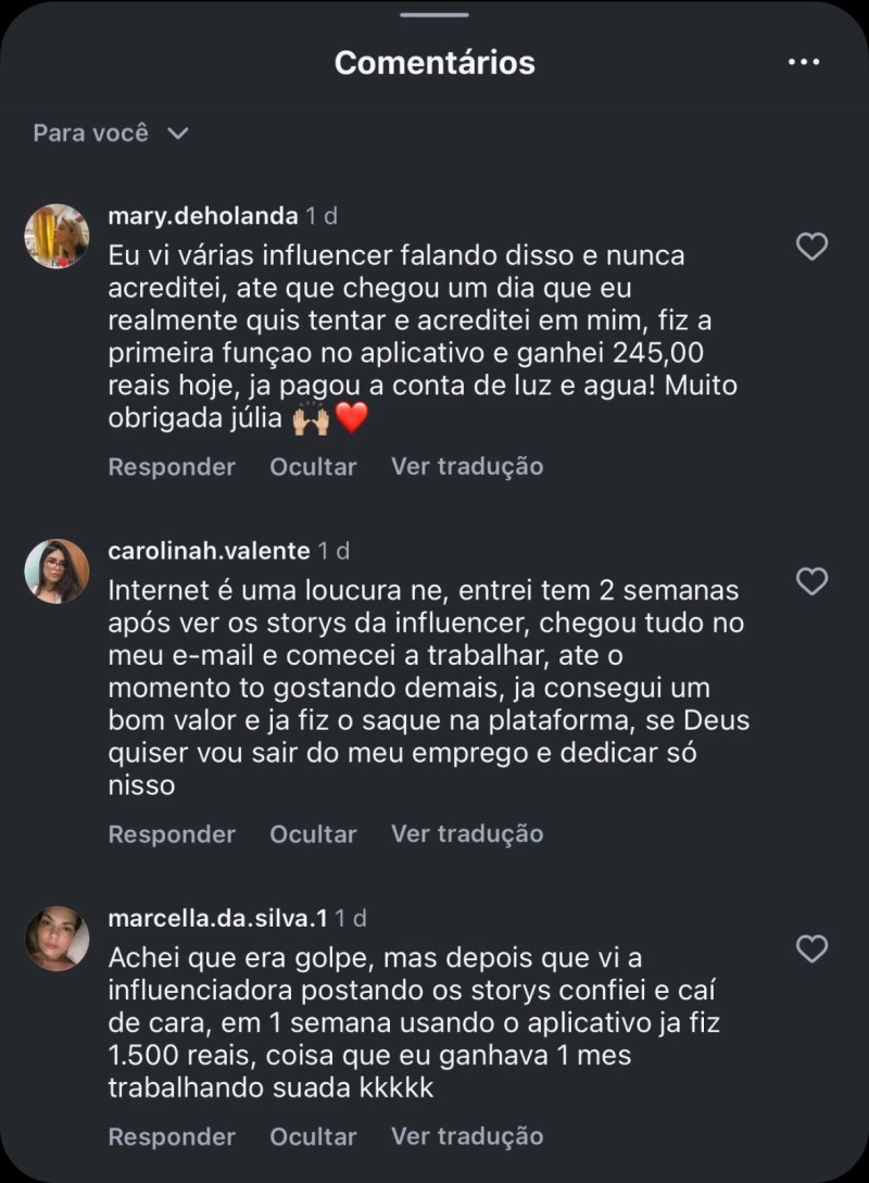 Comentários de usuários sobre o aplicativo